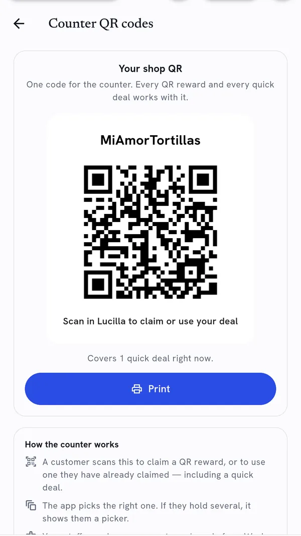 The counter QR code screen for MiAmorTortillas in the app