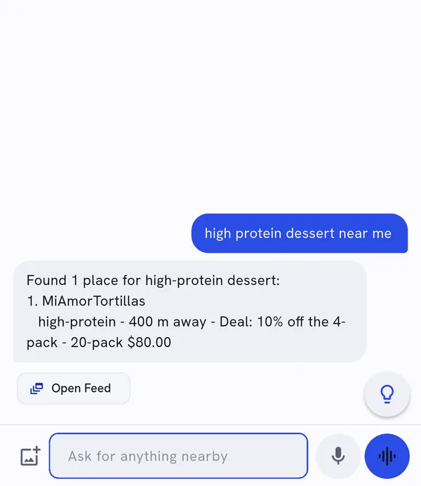 A customer asks for high protein dessert near me and Lucilla answers with MiAmorTortillas