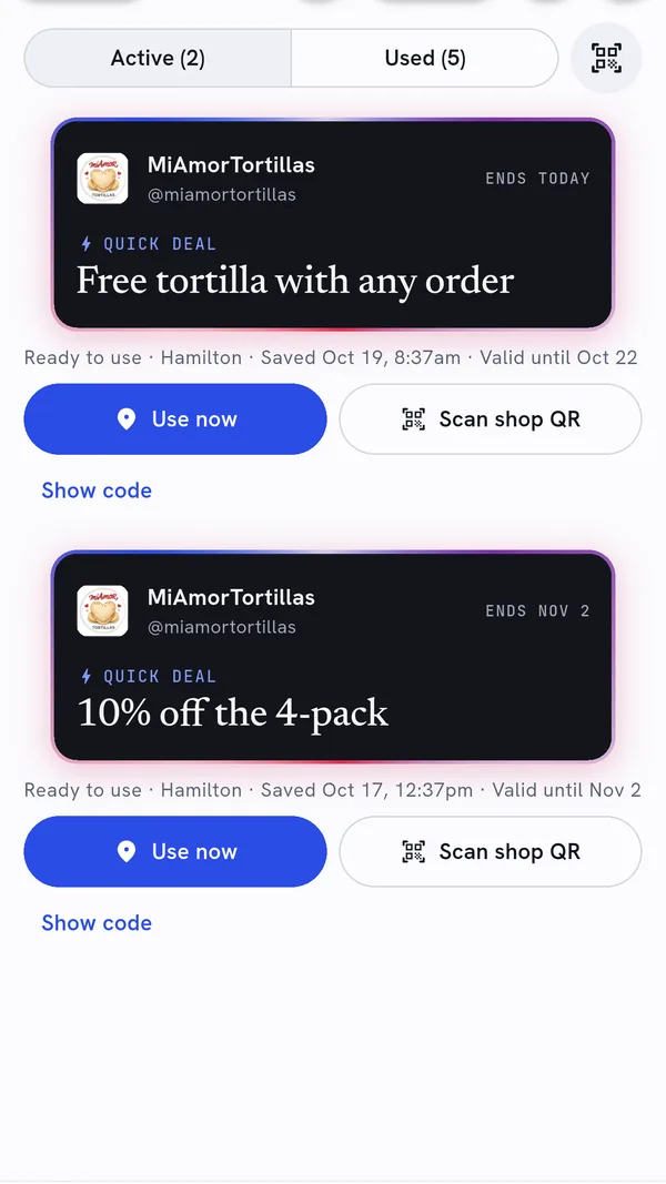 Saved deals from MiAmorTortillas, ready to use