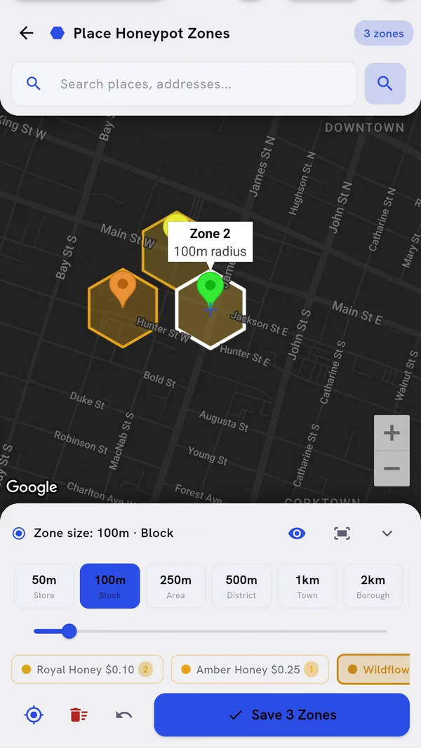 Placing three reward zones on a map of downtown Hamilton in the app