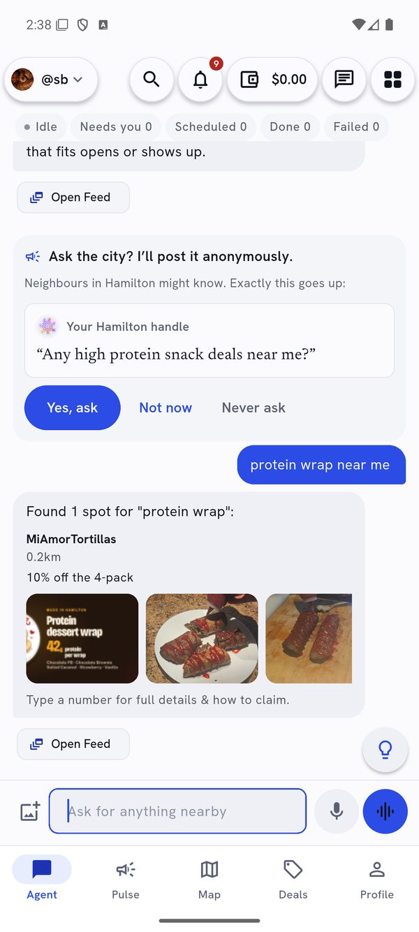 The Ask Lucilla app: someone asked for a protein wrap nearby and got MiAmorTortillas, 0.2 km away, with 10% off the 4-pack