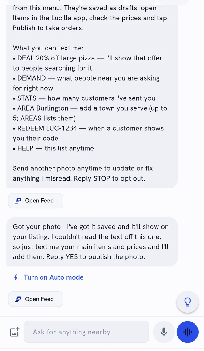 The Ask Lucilla app listing what a shop can text: DEAL, DEMAND, STATS, AREA, REDEEM and HELP